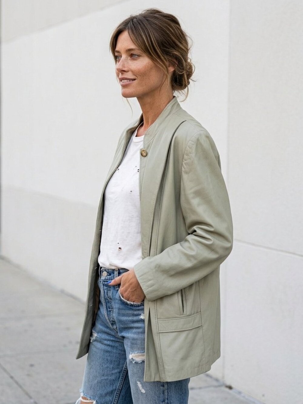 Leather Jacket 70s Vintage Sage Gray Car Coat Long Jacket Size large